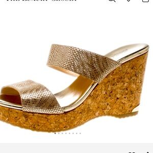 Brand New Jimmy Choo Metallic Beige Python Print
Suede Parker Cork Wedge Sandals